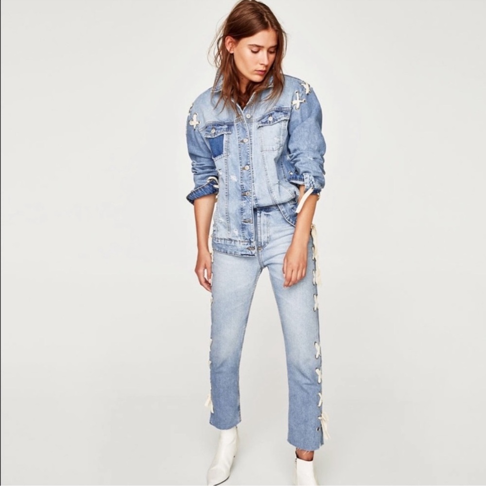 Zara Distressed Lace Up Denim Jacket Sz Small
